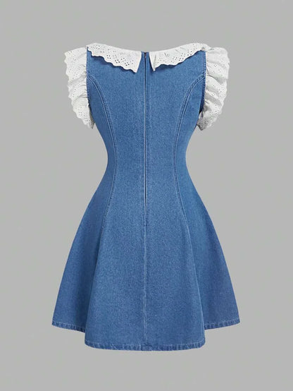 Womens Casual Fitted Short Denim Dress With Lace Patchwork Sleeveless