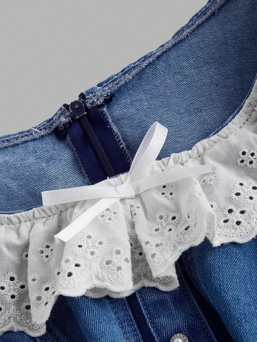 Womens Casual Fitted Short Denim Dress With Lace Patchwork Sleeveless