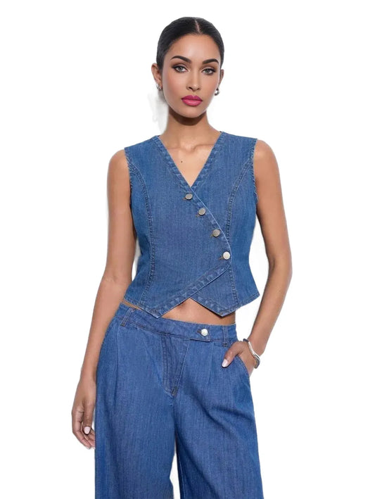 Womens Casual Fitted Sleeveless Denim Vest Blue