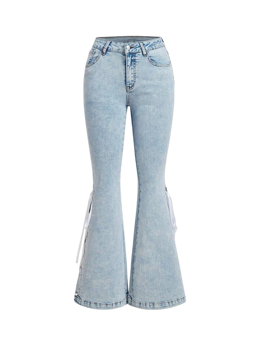 Womens Casual Flared Jeans With Side Slit Pockets And TieUp Straps
