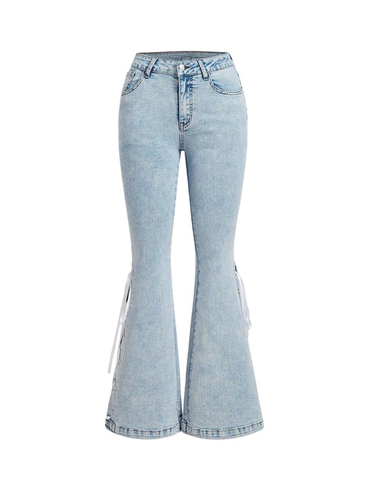 Womens Casual Flared Jeans With Side Slit Pockets And TieUp Straps