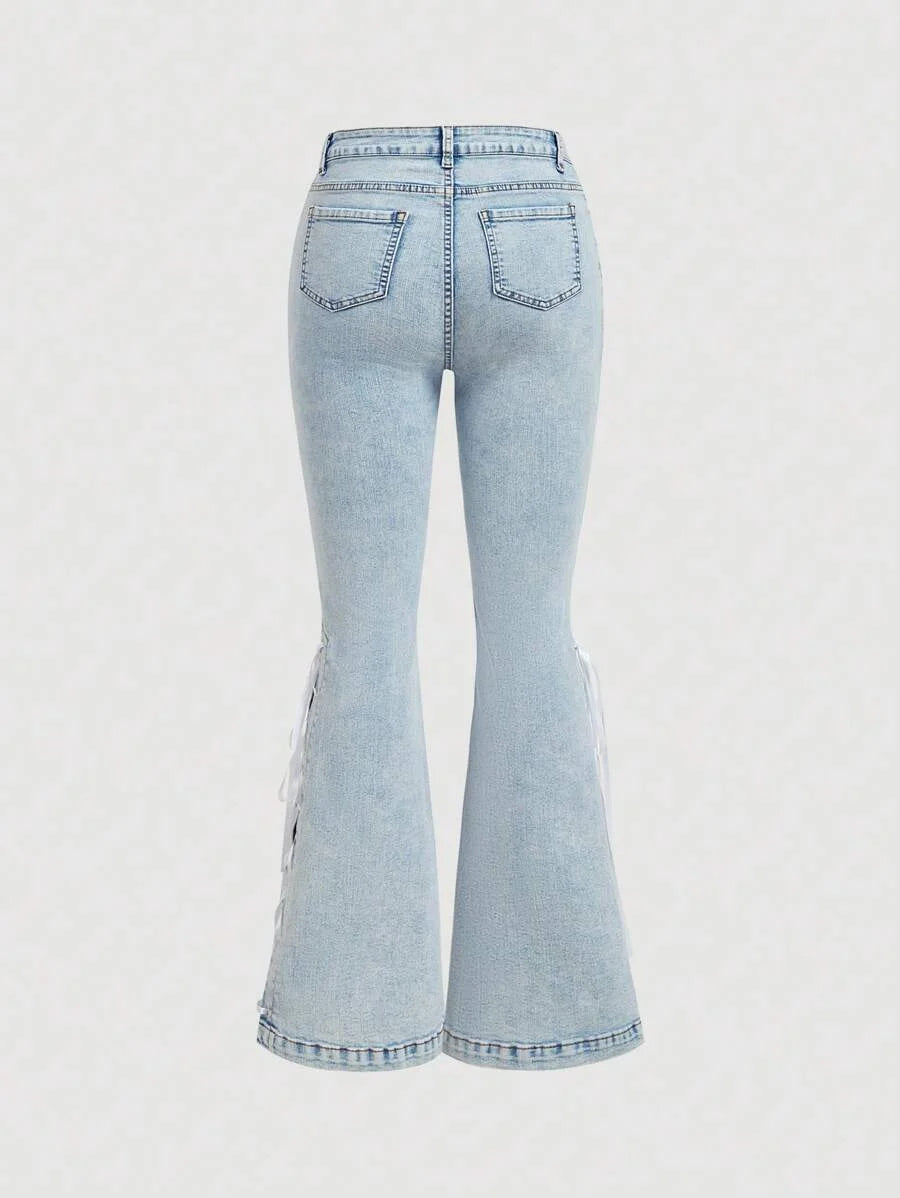 Womens Casual Flared Jeans With Side Slit Pockets And TieUp Straps