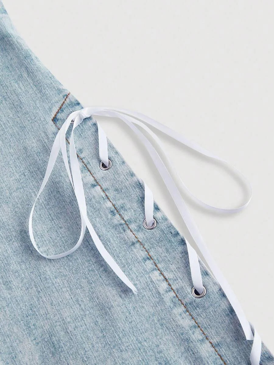Womens Casual Flared Jeans With Side Slit Pockets And TieUp Straps