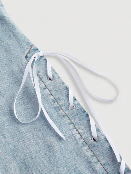 Womens Casual Flared Jeans With Side Slit Pockets And TieUp Straps