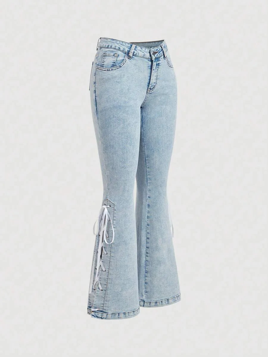 Womens Casual Flared Jeans With Side Slit Pockets And TieUp Straps