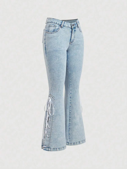 Womens Casual Flared Jeans With Side Slit Pockets And TieUp Straps