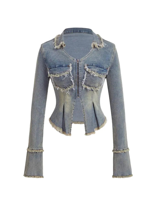 Womens Casual Frayed Denim Jacket Spring Autumn