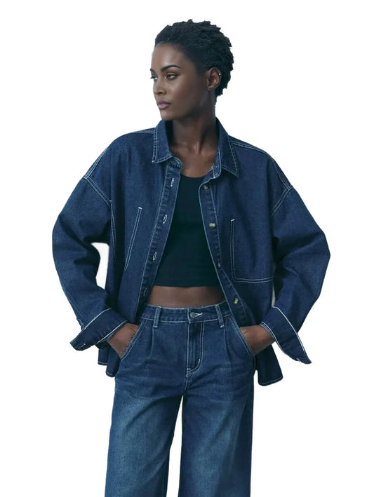 Womens Casual Loose Denim Long Sleeve Shirt Blue