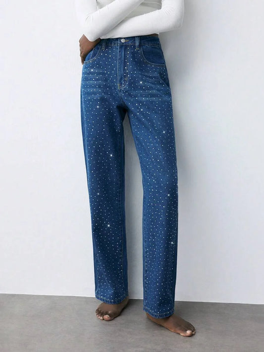 Womens Casual Rhinestone Embellished Slim Straight Leg Jeans Blue