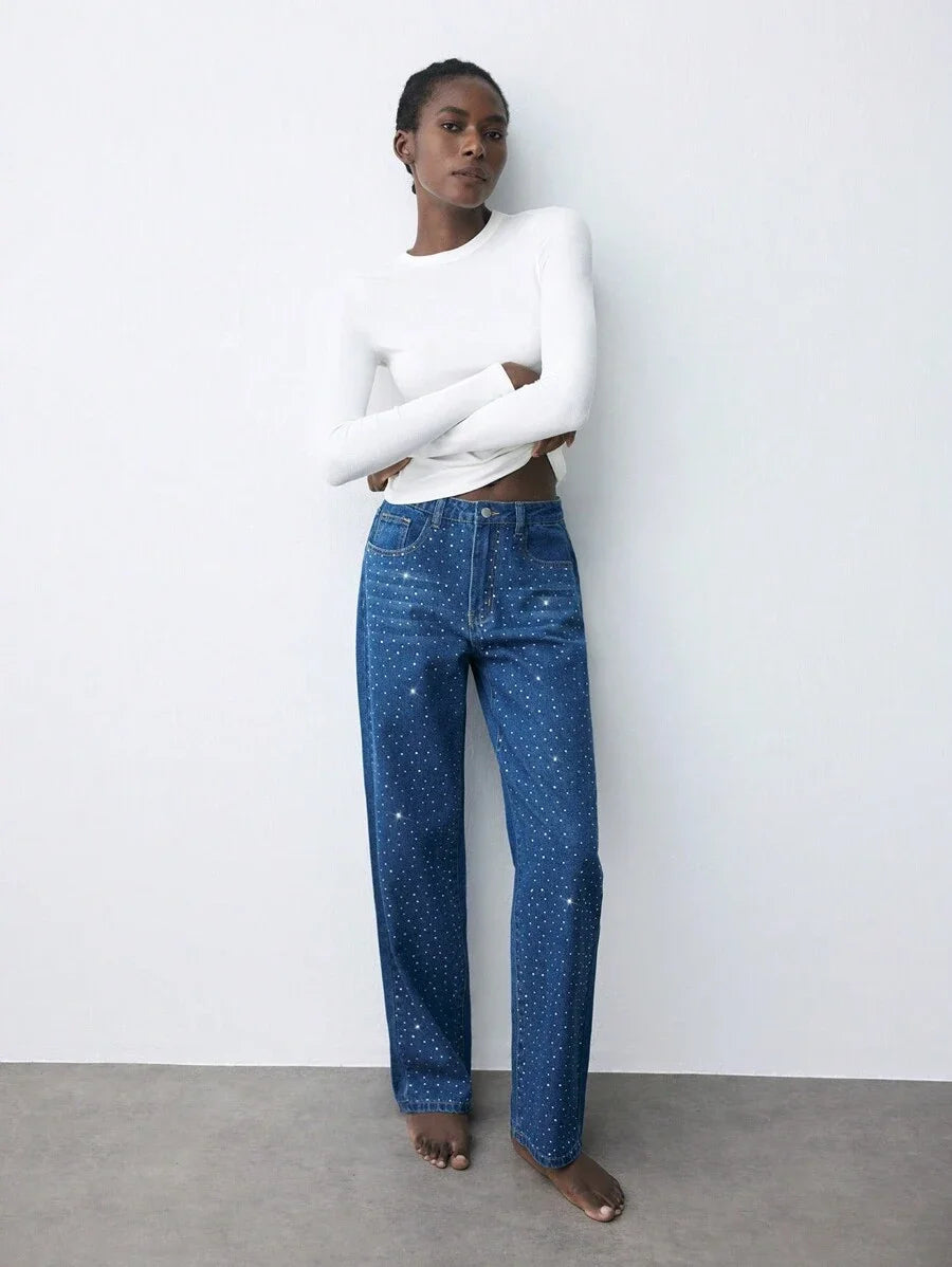 Womens Casual Rhinestone Embellished Slim Straight Leg Jeans Blue