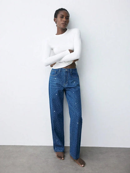 Womens Casual Rhinestone Embellished Slim Straight Leg Jeans Blue