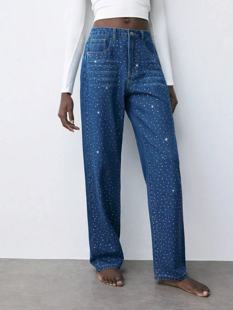 Womens Casual Rhinestone Embellished Slim Straight Leg Jeans Blue