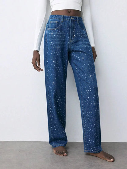 Womens Casual Rhinestone Embellished Slim Straight Leg Jeans Blue