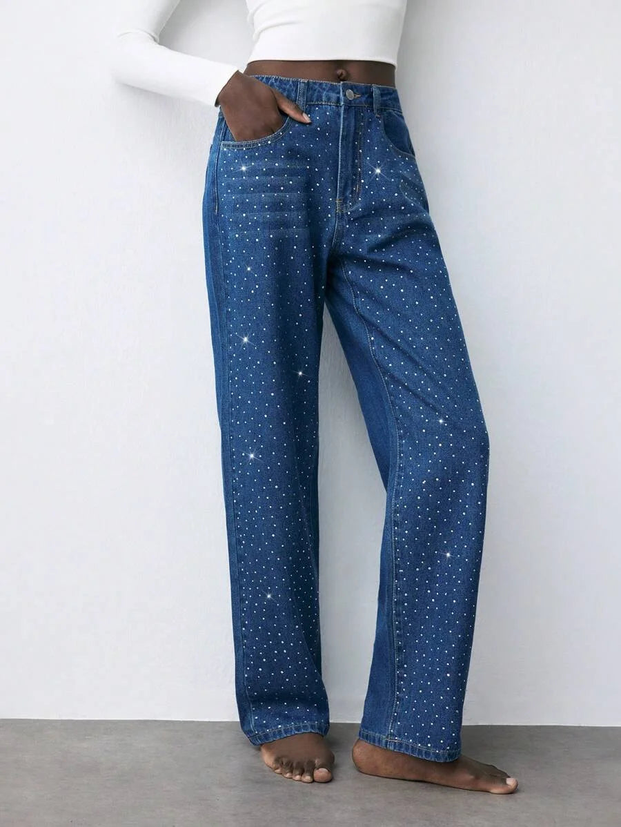 Womens Casual Rhinestone Embellished Slim Straight Leg Jeans Blue