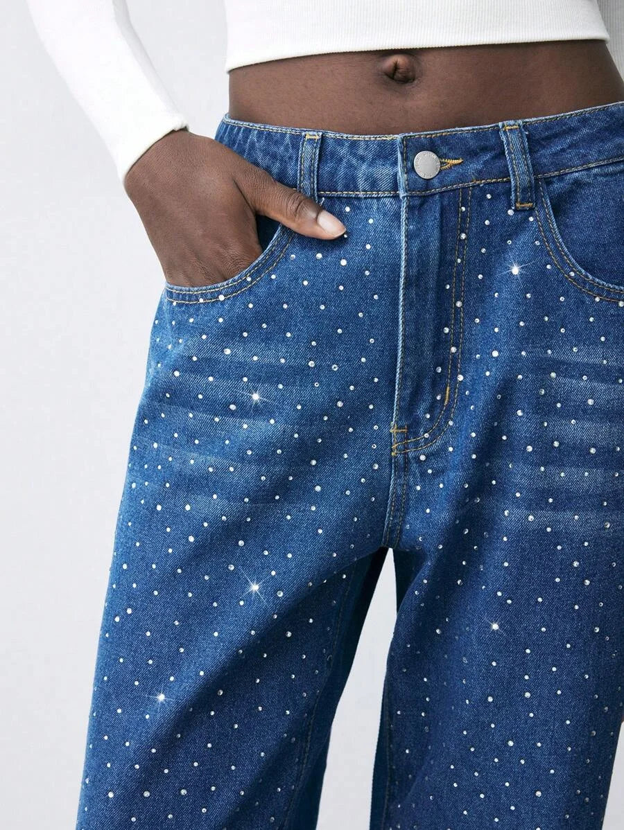 Womens Casual Rhinestone Embellished Slim Straight Leg Jeans Blue
