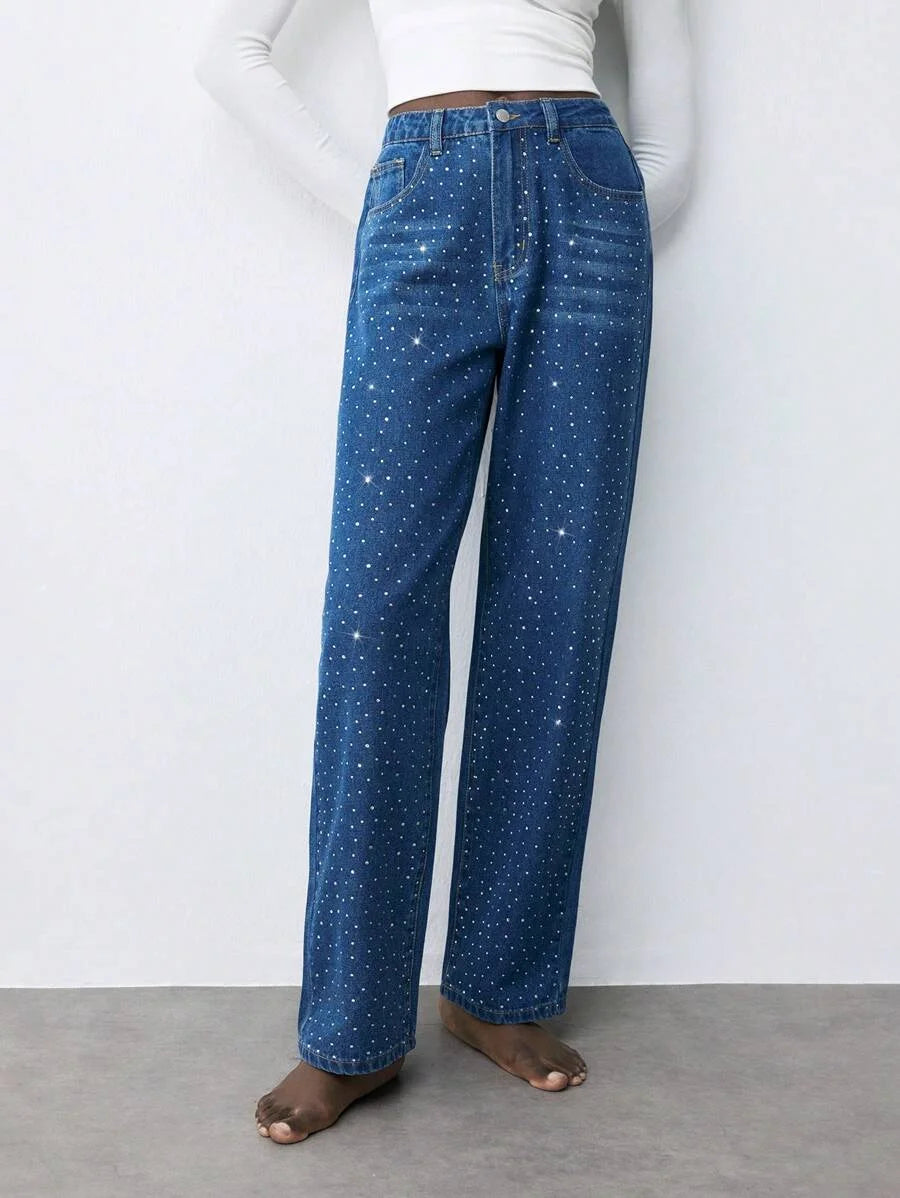 Womens Casual Rhinestone Embellished Slim Straight Leg Jeans Blue