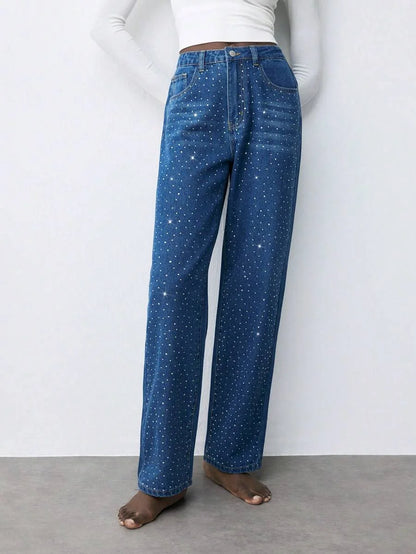 Womens Casual Rhinestone Embellished Slim Straight Leg Jeans Blue