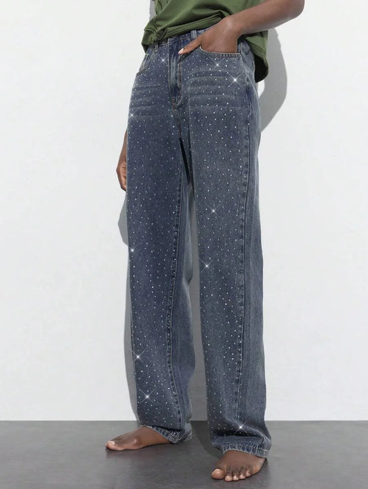 Womens Casual Rhinestone Embellished Straight Leg Jeans Blue