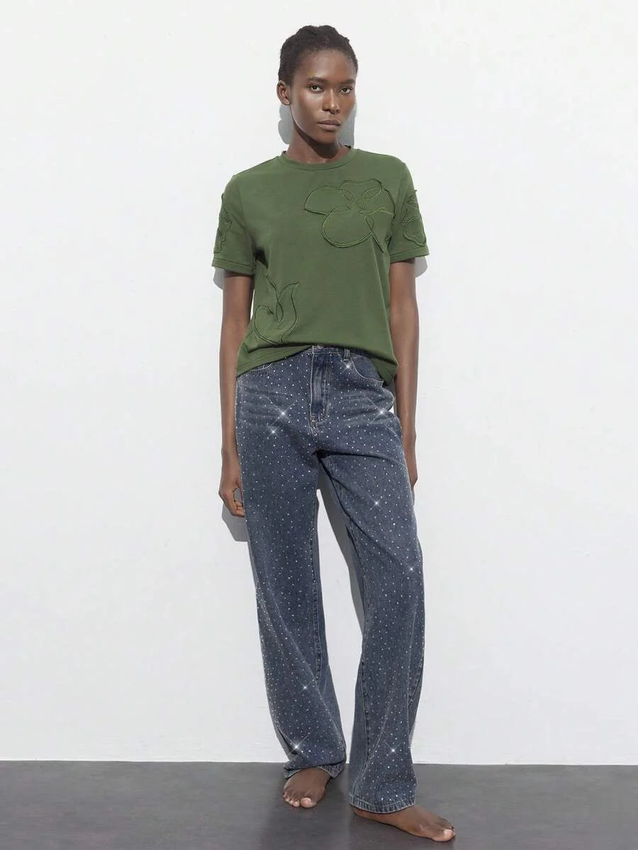 Womens Casual Rhinestone Embellished Straight Leg Jeans Blue