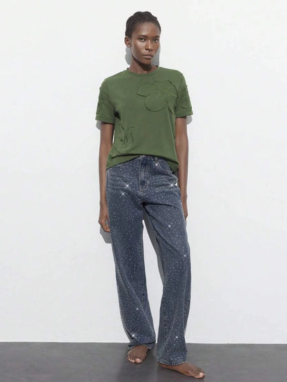 Womens Casual Rhinestone Embellished Straight Leg Jeans Blue