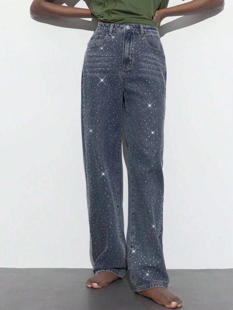 Womens Casual Rhinestone Embellished Straight Leg Jeans Blue