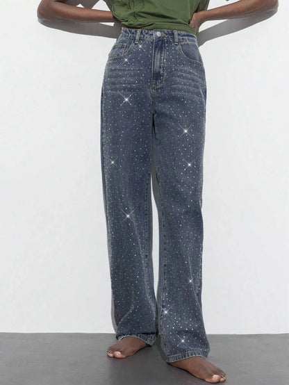Womens Casual Rhinestone Embellished Straight Leg Jeans Blue