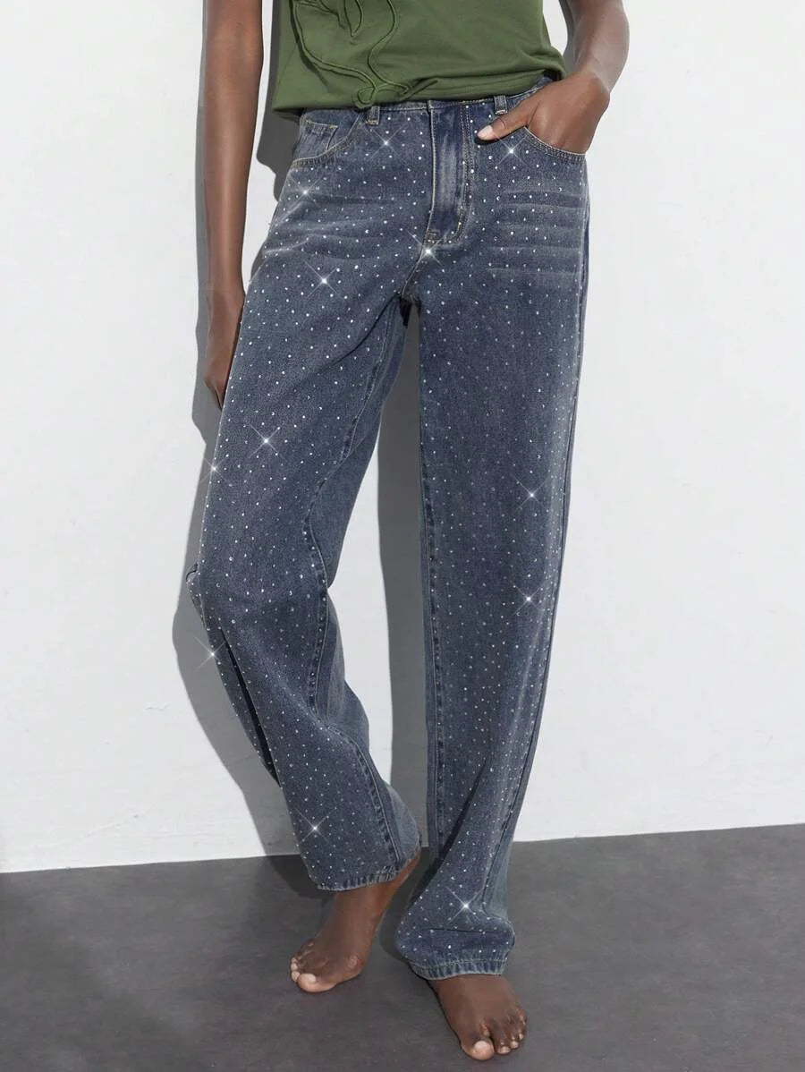 Womens Casual Rhinestone Embellished Straight Leg Jeans Blue