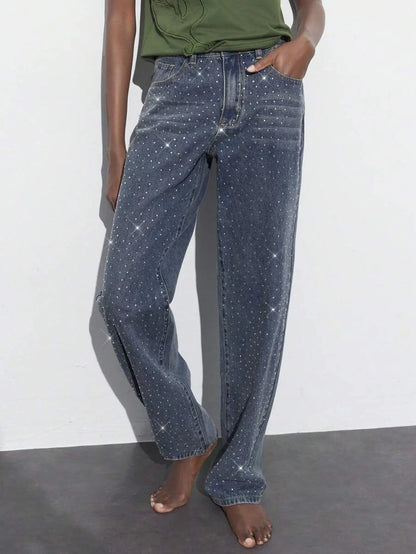 Womens Casual Rhinestone Embellished Straight Leg Jeans Blue