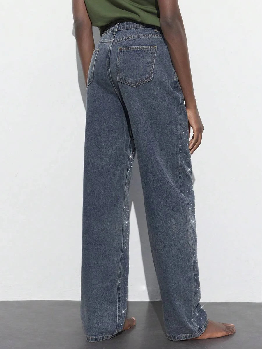 Womens Casual Rhinestone Embellished Straight Leg Jeans Blue