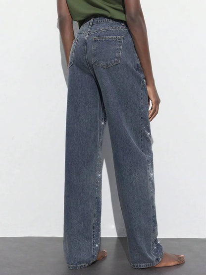 Womens Casual Rhinestone Embellished Straight Leg Jeans Blue