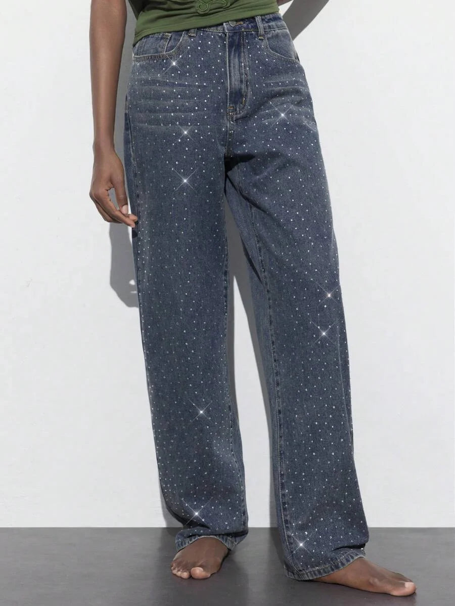 Womens Casual Rhinestone Embellished Straight Leg Jeans Blue