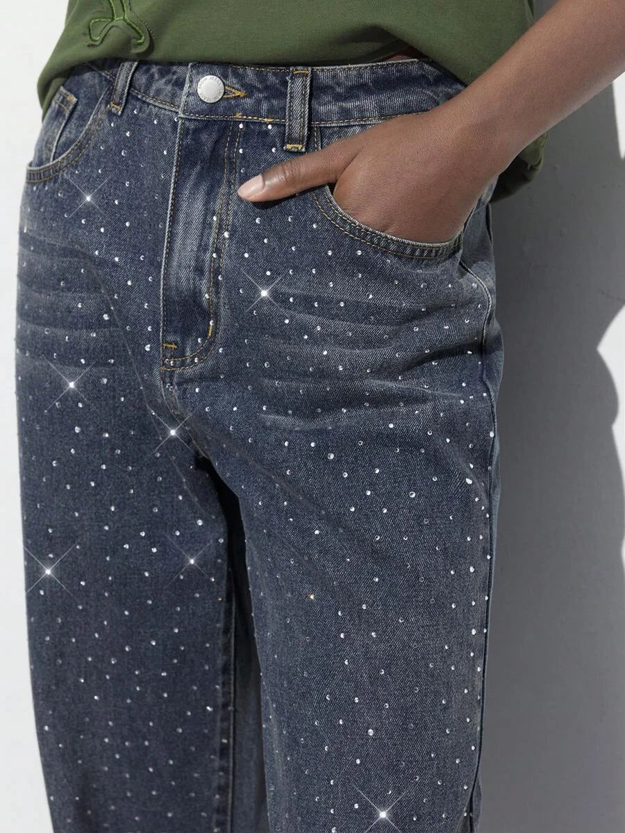 Womens Casual Rhinestone Embellished Straight Leg Jeans Blue