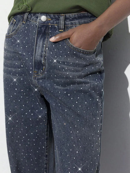 Womens Casual Rhinestone Embellished Straight Leg Jeans Blue