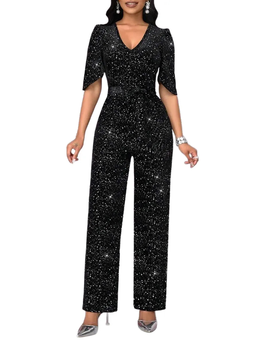 Womens Casual Shiny VNeck Sleeveless Straight Jumpsuits For Party