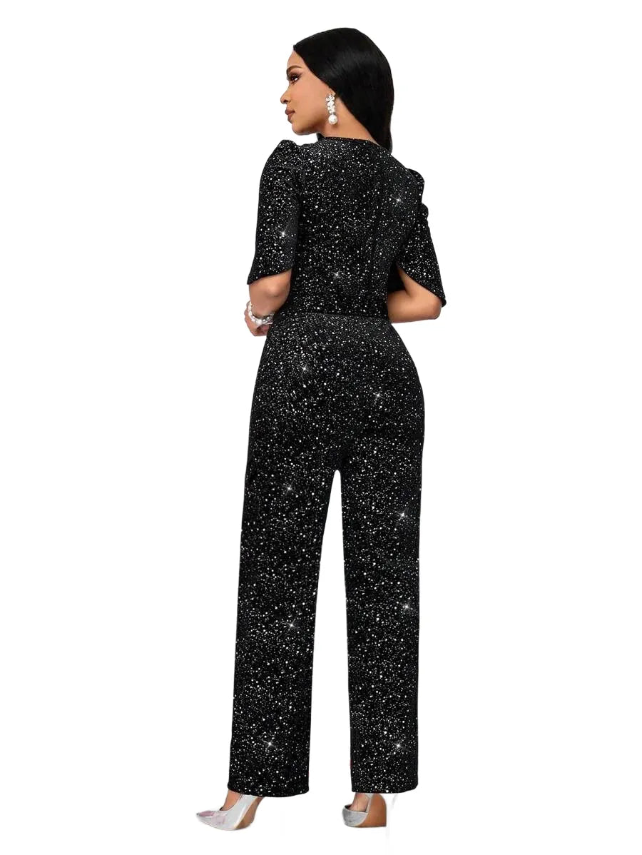 Womens Casual Shiny VNeck Sleeveless Straight Jumpsuits For Party