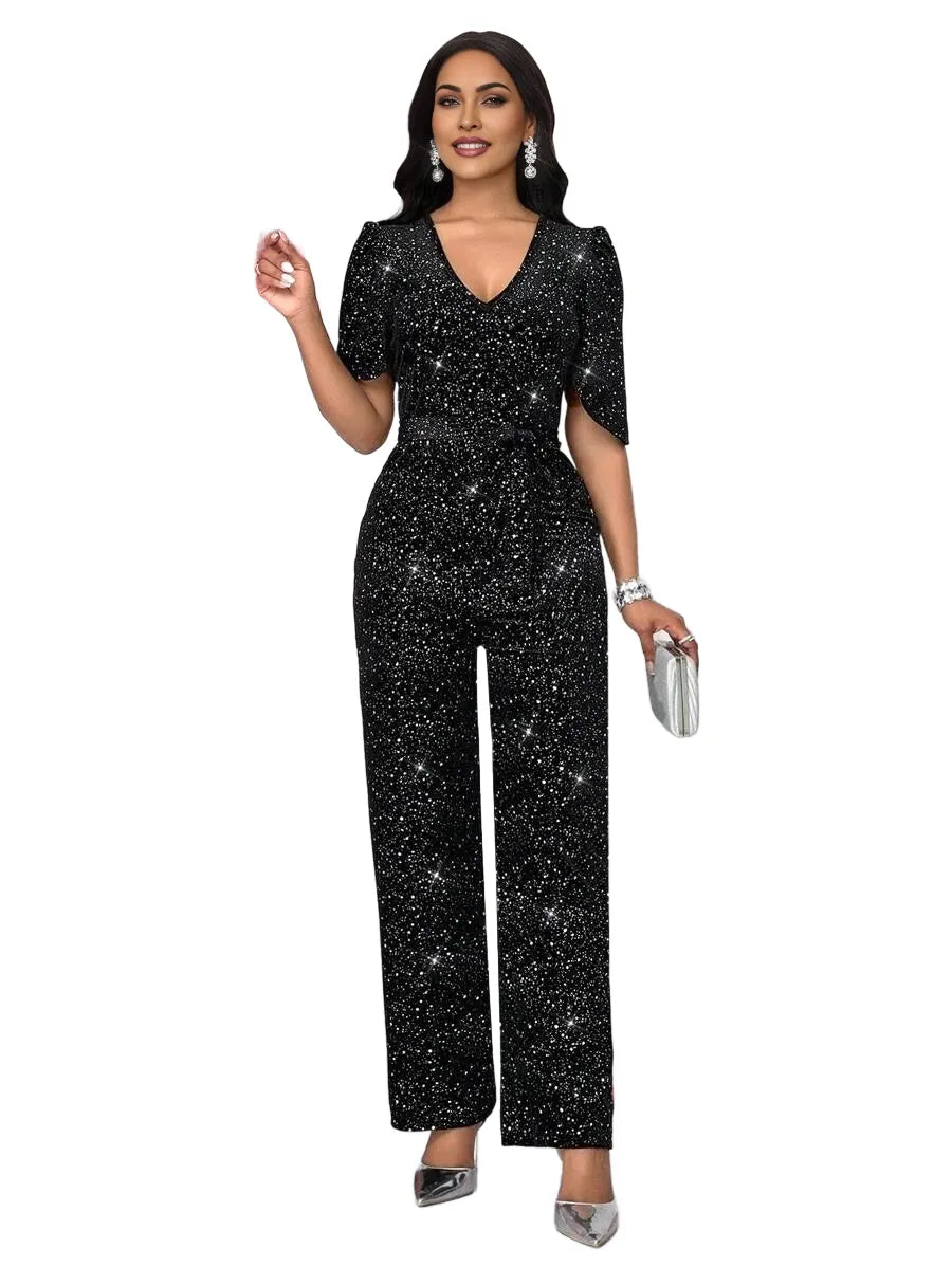 Womens Casual Shiny VNeck Sleeveless Straight Jumpsuits For Party