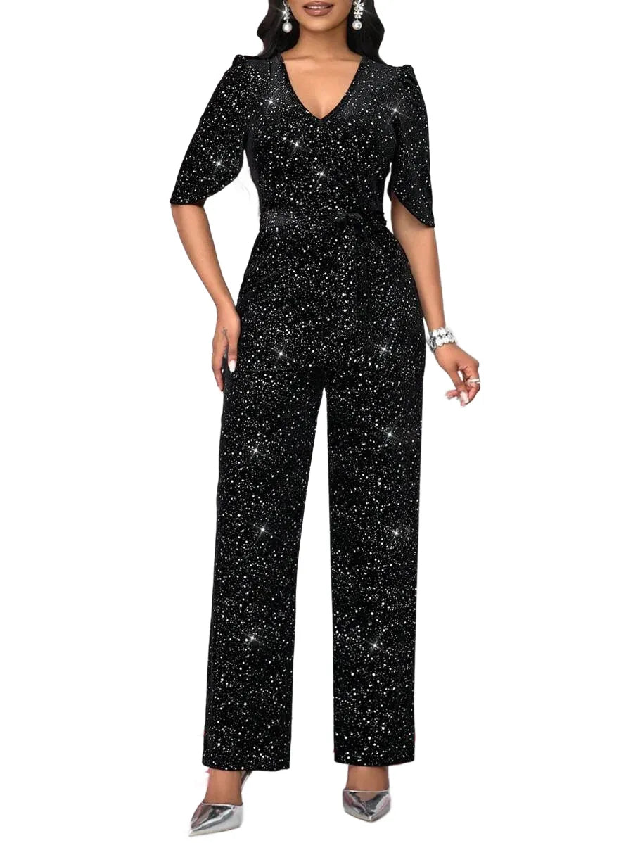 Womens Casual Shiny VNeck Sleeveless Straight Jumpsuits For Party