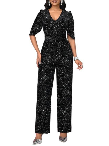 Womens Casual Shiny VNeck Sleeveless Straight Jumpsuits For Party