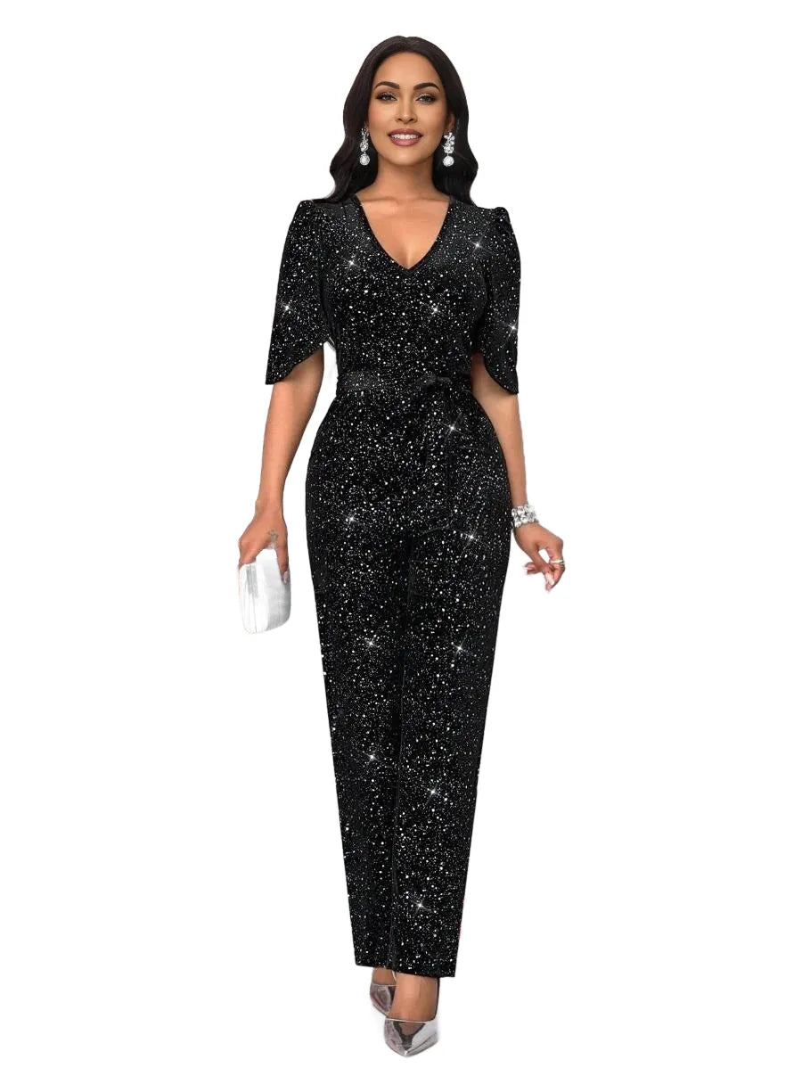 Womens Casual Shiny VNeck Sleeveless Straight Jumpsuits For Party