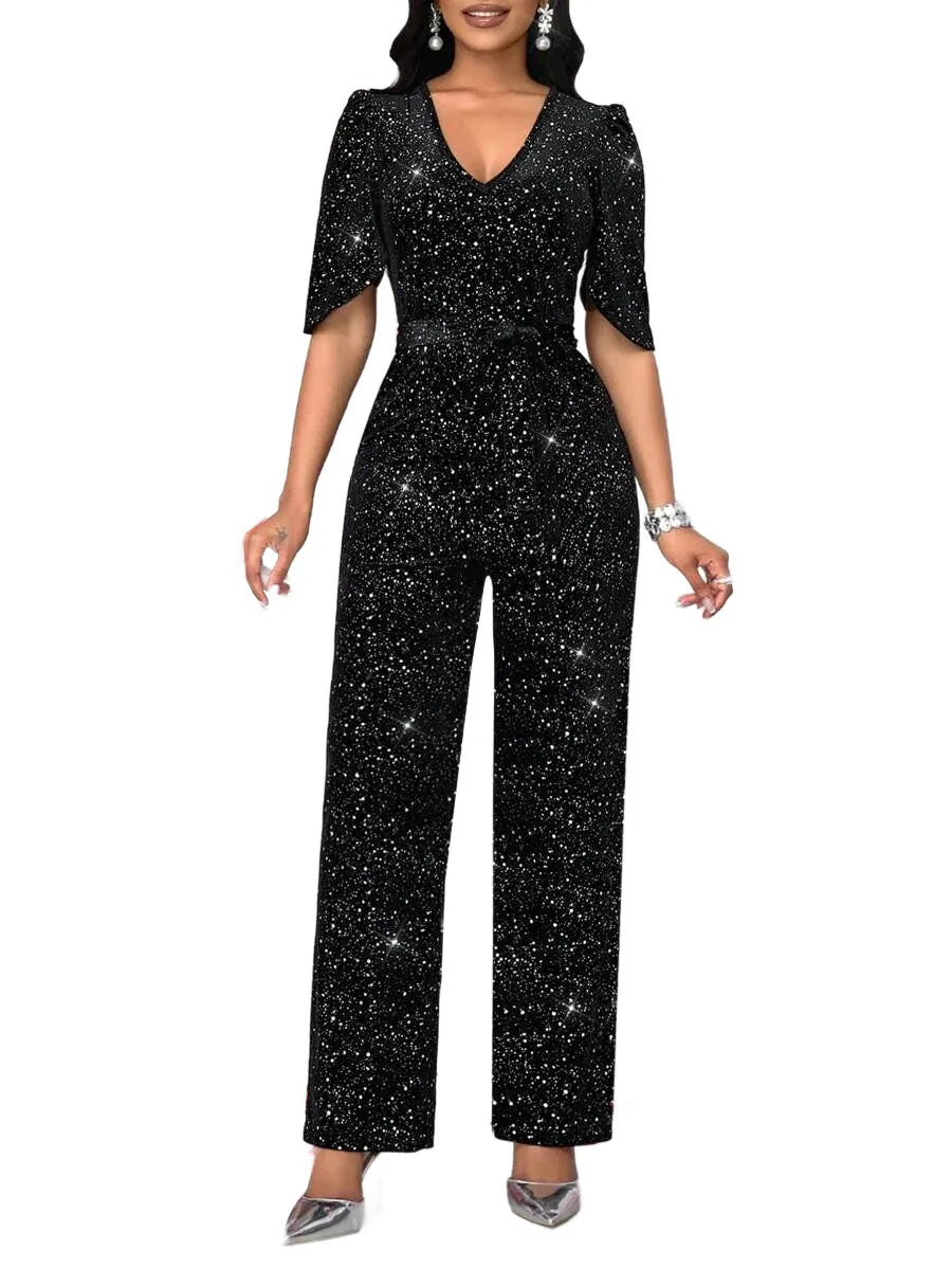 Womens Casual Shiny VNeck Sleeveless Straight Jumpsuits For Party