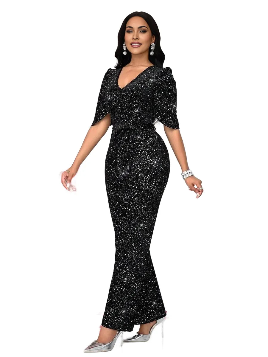 Womens Casual Shiny VNeck Sleeveless Straight Jumpsuits For Party