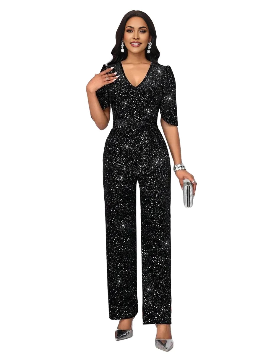 Womens Casual Shiny VNeck Sleeveless Straight Jumpsuits For Party