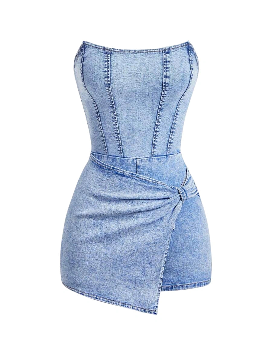Womens Casual Washed Tube Top Denim Romper