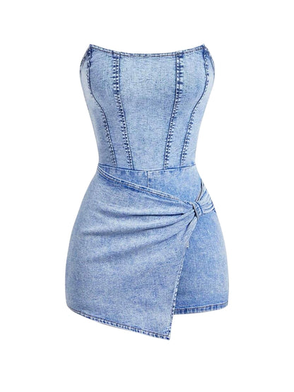 Womens Casual Washed Tube Top Denim Romper