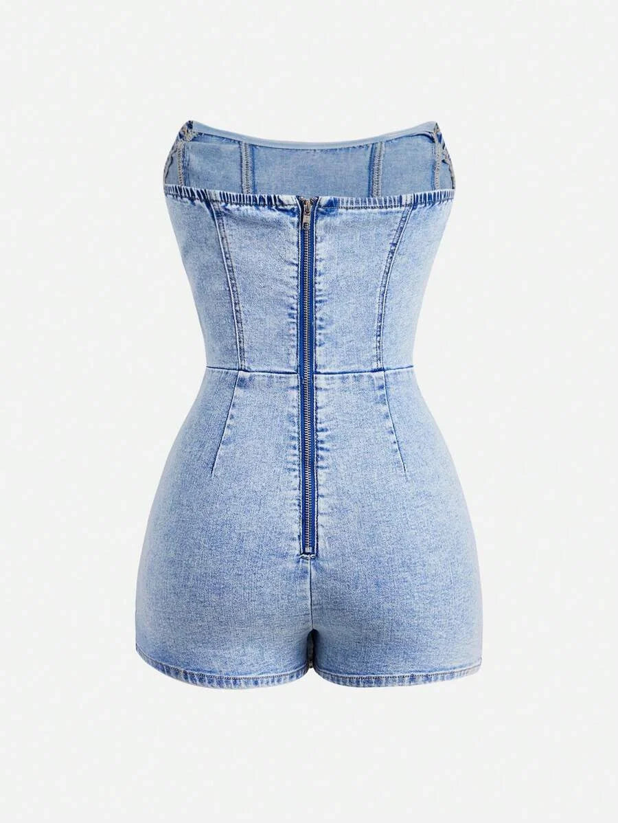 Womens Casual Washed Tube Top Denim Romper