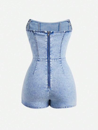 Womens Casual Washed Tube Top Denim Romper