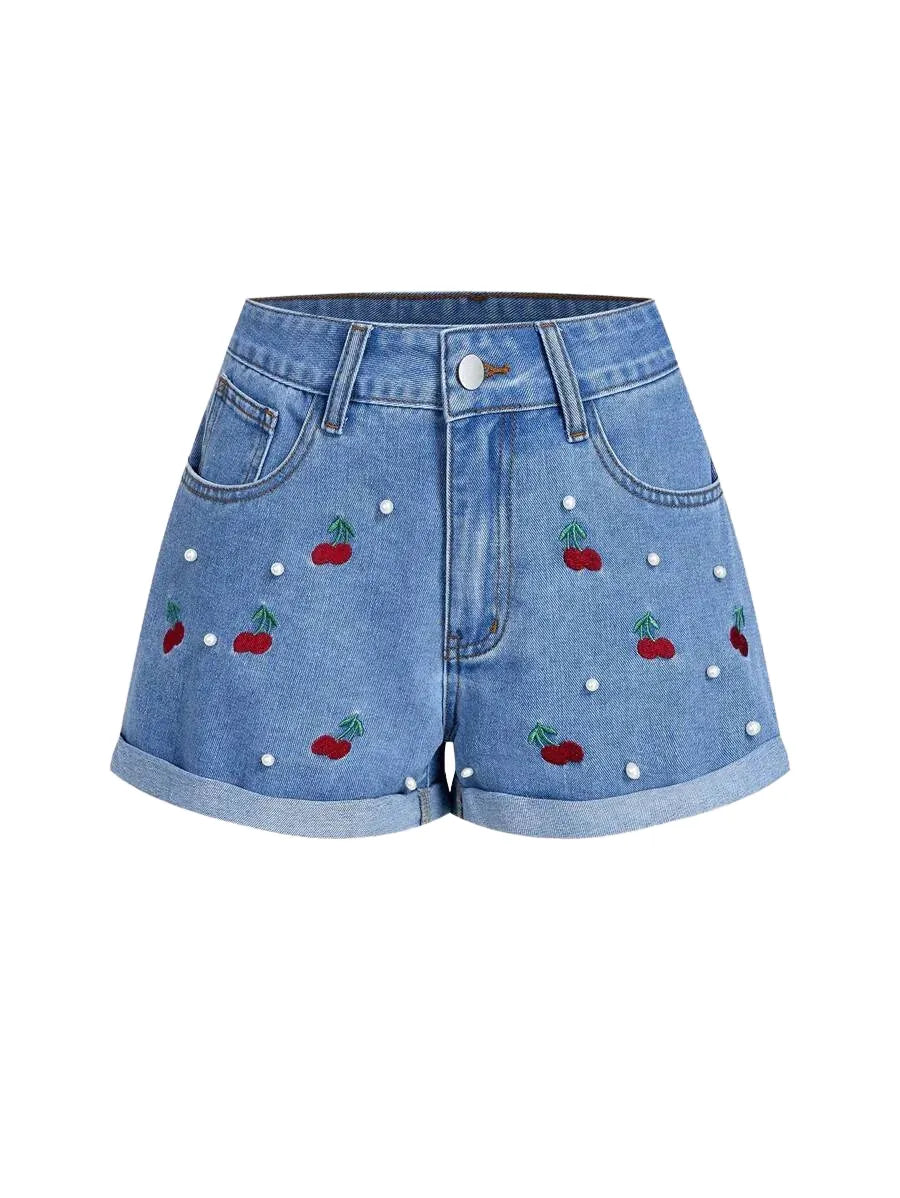 Womens Cherry Embroidery Casual Denim Shorts With Front Button Pockets