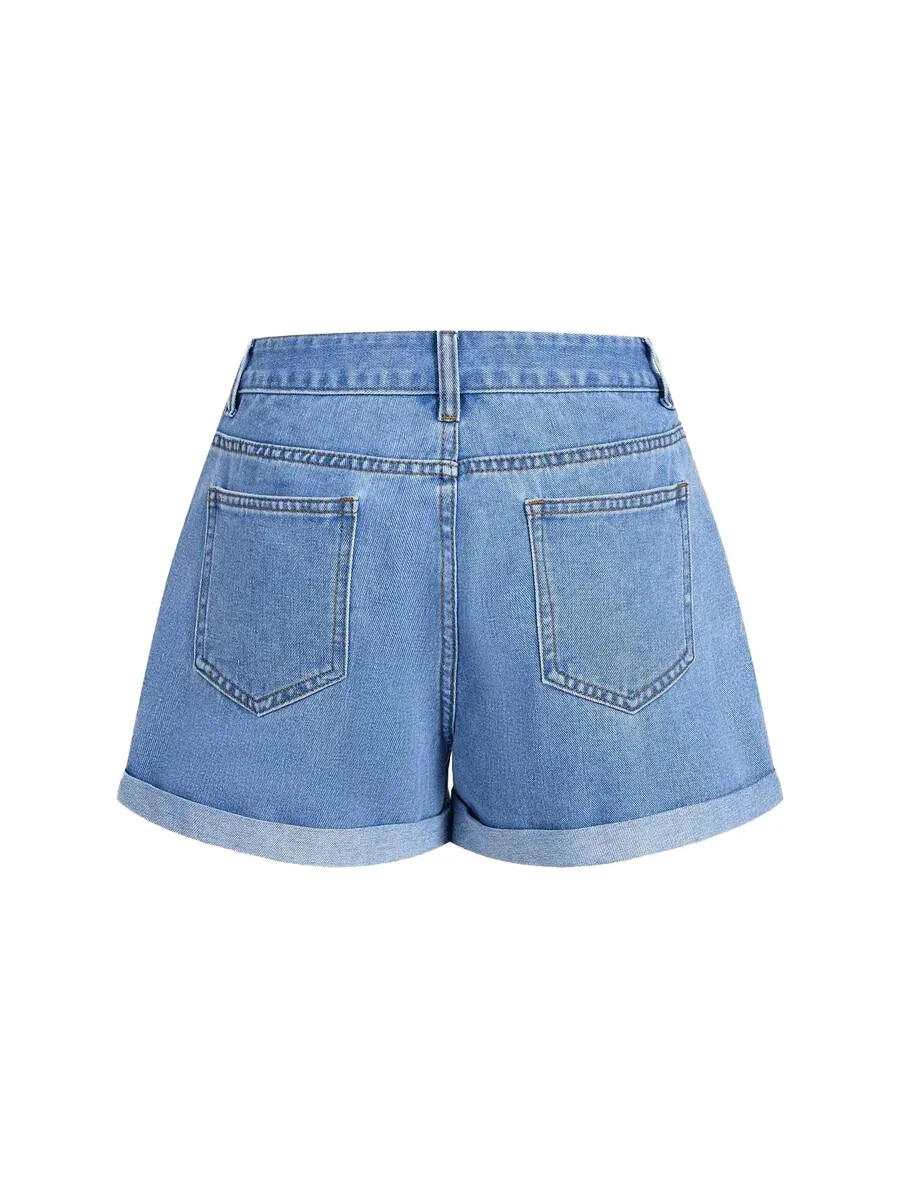 Womens Cherry Embroidery Casual Denim Shorts With Front Button Pockets