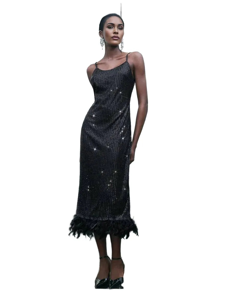 Womens Christmas Party Sequin Fluffy Patchwork Spaghetti Strap MidLength Dress AutumnWinter Fashion