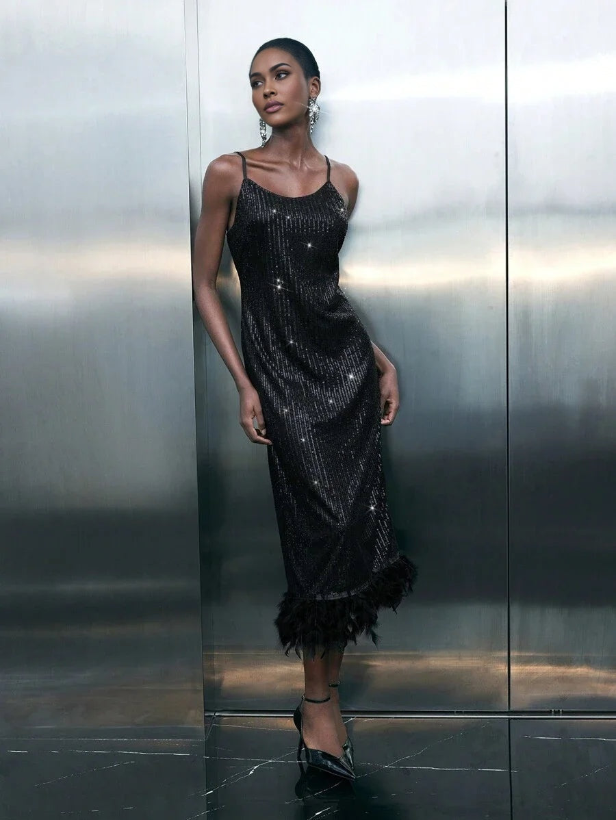 Womens Christmas Party Sequin Fluffy Patchwork Spaghetti Strap MidLength Dress AutumnWinter Fashion